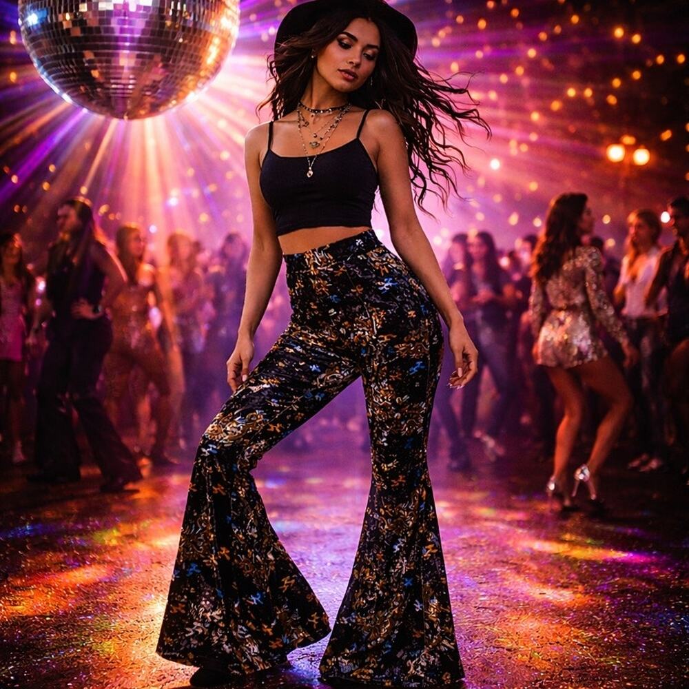 Black Velvet Dragon Print Bell Bottom Pants Festival Y2K Boho Witch Flare - Picture 2 of 10